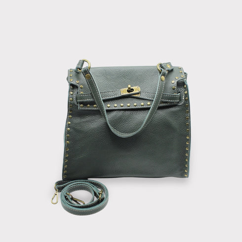 Juli - Handmade Calf Leather Studs Bag With Metallic Closure Petrol Green
